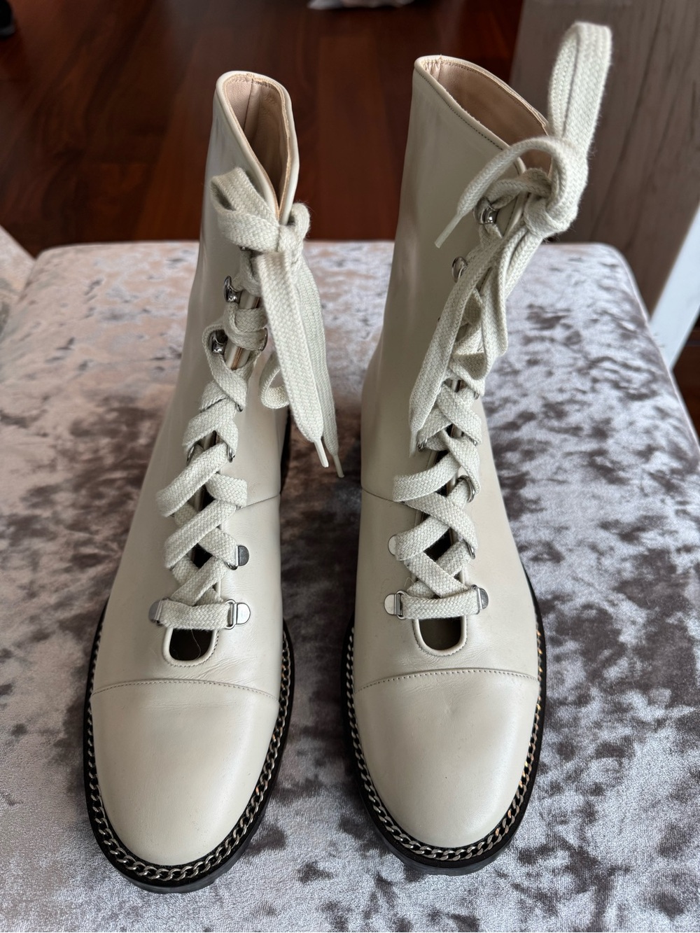 Stuart Weitzman Cream Lace-Up Leather Ankle Boots